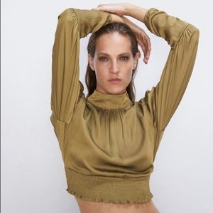 Zara green satin tie blouse